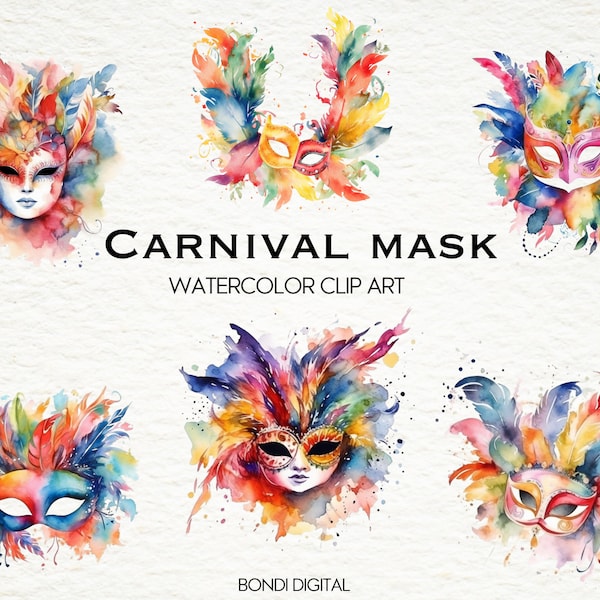 Watercolor Carnival Mask Clipart | PNG Format for Commercial Use, Instant Download, 18 Transparent Images | Rio Carnaval Clipart