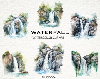Watercolor Waterfall Clipart | PNG Format for Commercial Use, Instant Download, 18 Transparent Images |  Landscape Images | Nature Art