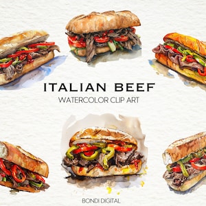 Clipart de sanduíche de carne italiana em aquarela | Formato PNG para uso comercial, download instantâneo, 17 imagens transparentes | Chicago, comida Clipart