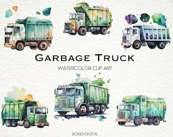 Watercolor Garbage Truck Clipart | PNG Format for Commercial Use, Instant Download, 18 Transparent Images