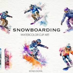 Clipart de snowboard aquarelle | Format PNG à usage commercial, téléchargement immédiat, 18 images transparentes | Clipart de sports d'hiver