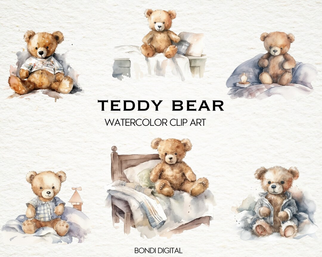 Watercolor Teddy Bear on A Bed Clipart | Wall Art | PNG Format for ...