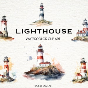 Clipart de farol em aquarela | Clipart de praia | Clipart Náutico | Formato PNG para uso comercial, download instantâneo | 20 imagens transparentes