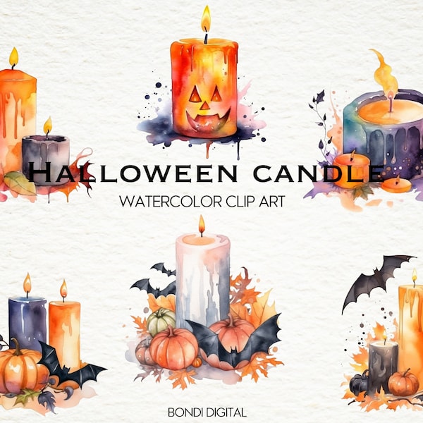 Watercolor Halloween Candle Clipart | PNG Format for Commercial Use, Instant Download, 26 Transparent Images | Halloween Art