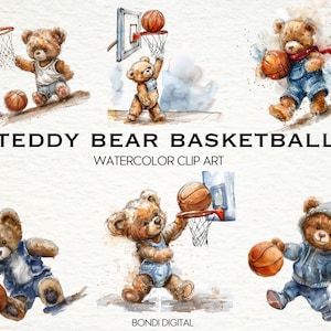 Acuarela Osito Baloncesto Clipart / Formato PNG para uso comercial, Descarga instantánea, 17 imágenes transparentes / Scrapbooking