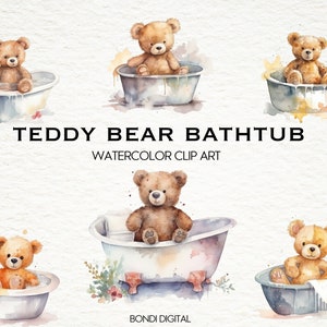 Acquerello Teddy Bear Bathtub Clipart / Bathroom Wall Art / Formato PNG per uso commerciale, Download istantaneo, 18 immagini trasparenti