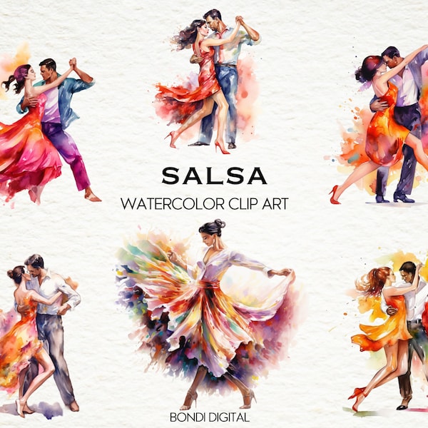 Aquarelle Salsa Clipart | Format PNG pour un usage commercial, téléchargement instantané, 18 images transparentes | Art de la danse salsa | Clipart sur le thème latin