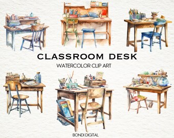 Clipart de bureau de classe aquarelle | Format PNG à usage commercial, téléchargement immédiat, 19 images transparentes | Retour à l'école Clipart