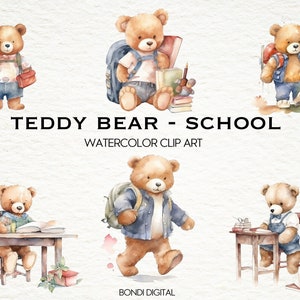 Clipart de escola de ursinho de pelúcia em aquarela | Formato PNG para uso comercial, download instantâneo, 20 imagens transparentes | Cute, de volta à escola Clipart
