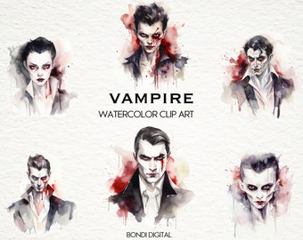 Watercolor Vampire Clipart | PNG Format for Commercial Use, Instant Download, 19 Transparent Images | Scary Halloween Designs | Gothic Art