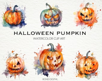 Watercolor Halloween Pumpkin Clipart | Spooky Pumpkin | PNG Format for Commercial Use, Instant Download, 22 Transparent Images