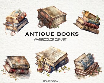 Watercolor Antique Books Clipart | PNG Format for Commercial Use, Instant Download, 18 Transparent Images | Literary Clipart