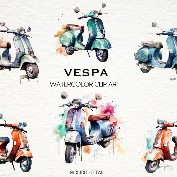 Clipart Vespa aquarelle | Format PNG à usage commercial, téléchargement immédiat, 20 images transparentes | Sublimation | Trottinette Illustrations