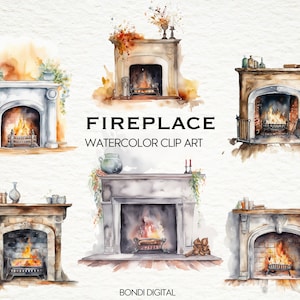 Watercolor Cozy Fireplace Clipart | PNG Format for Commercial Use, Instant Download, 16 Transparent Images | Winter-Themed Designs