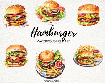 Watercolor Hamburger ClipArt - Burger and Fries PNG Format for Commercial Use, Instant Download