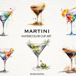 Watercolor Vibrant Martini Clipart | PNG Format for Commercial Use, Instant Download, 18 Transparent Images | Cocktail Clipart | Bar Clipart