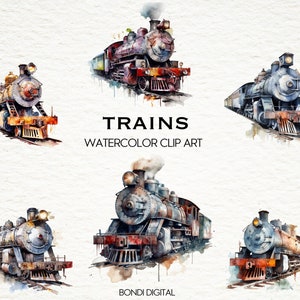 Clipart de trem aquarela | Álbum de recortes | Formato PNG para uso comercial, download instantâneo, 21 imagens transparentes | Imagens de trem
