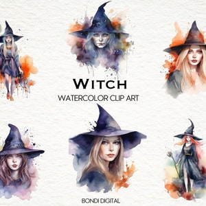 Watercolor Halloween Witch Clipart | PNG Format for Commercial Use, Instant Download, 19 Transparent Images | Sublimation Art
