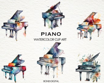 Può includere: Cinque illustrazioni ad acquerello di pianoforti a coda in vari colori, tra cui blu, verde, rosso e viola. I pianoforti sono tutti in pose diverse, alcuni con il coperchio aperto e altri con il coperchio chiuso. La parola "PIANO" è scritta in testo nero sopra i pianoforti, e le parole "WATERCOLOR CLIP ART" sono scritte sotto i pianoforti. Le parole "BONDI DIGITAL" sono scritte in testo nero nella parte inferiore dell'immagine.