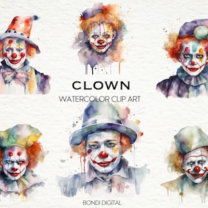 Watercolor Clown Clipart | PNG Format for Commercial Use, Instant Download, 18 Transparent Images | Circus Art | Halloween Art | Sublimation