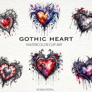 Watercolor Gothic Heart Clipart | PNG Format for Commercial Use, Instant Download, 20 Transparent Images | Goth Images | Dark Romance Art