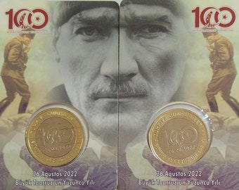 Turquía Turkiye 1 Lira 2022 100 Aniversario de la Batalla de Dumlupinar Moneda Conmemorativa en su Carpeta Separada UNC