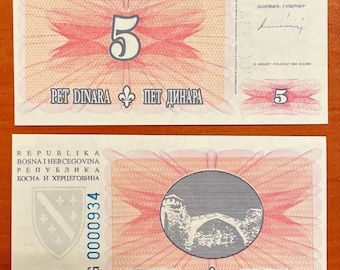 Bosnia and Herzegovina 5 Dinara 1994 P#40 Prefix AG Low Serial Number UNC