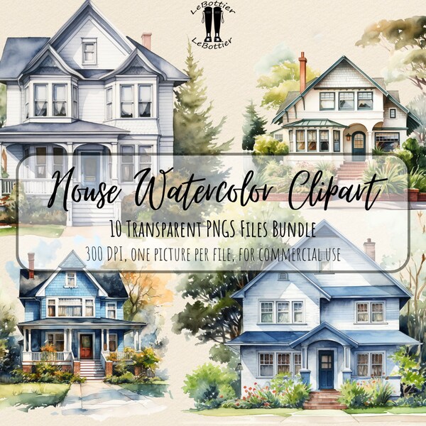 House Watercolor Clipart, 10 HQ 300 DPI Transparent PNGs bundle for commercial & personnal use, instant digital download.