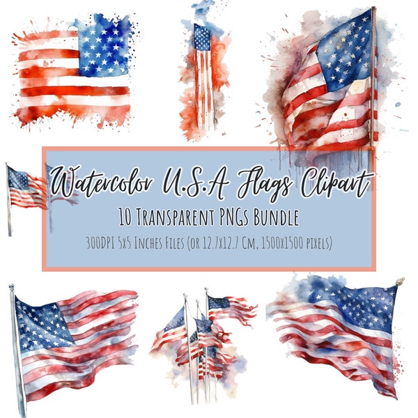 United States of America Flags Watercolor Clipart, 10 Transparent PNGs files bundle for commercial use, instant digital download.