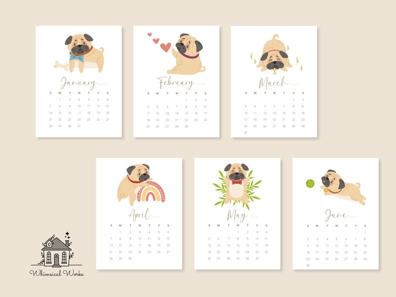 Digital 2024 Printable Calendar, Cute Dog Calendar, Digital Calendar