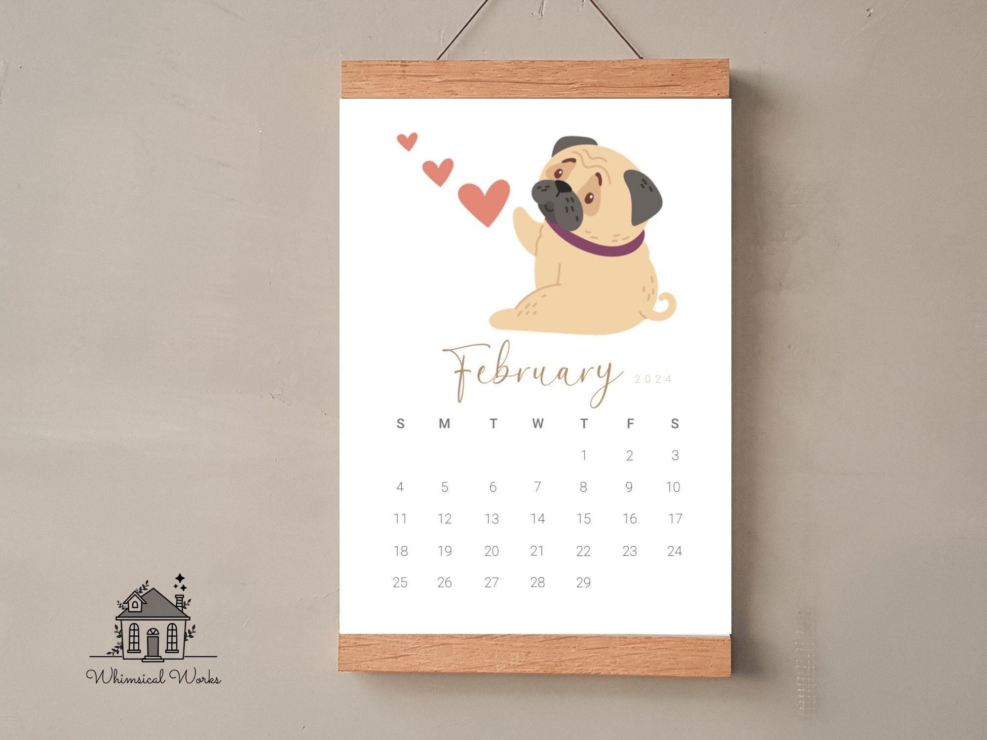Digital 2024 Printable Calendar, Cute Dog Calendar, Digital Calendar