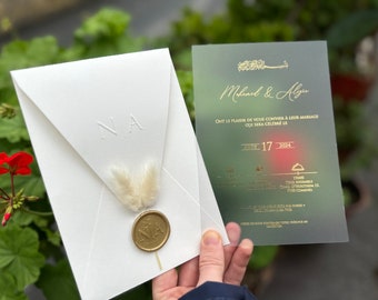 Luxury wedding invitation with special print and flowers, Acrylic event invitation with gold print and embossed envelopes, embossed invite