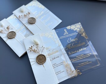 Floral Wedding Invitation Set: Acrylic and Foil Invitations with Beige Envelope and Exquisite Dry Floral Detail