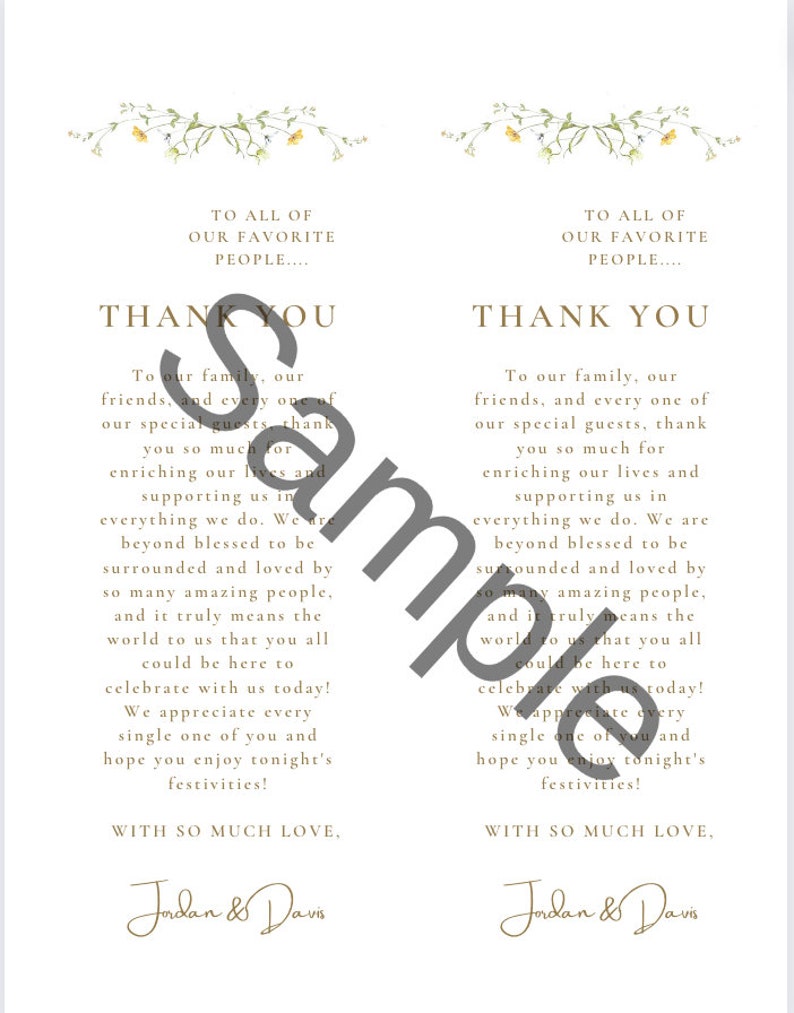 Wedding Thank You Note for Reception Place Setting Etsy