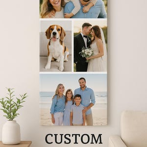 K&ouml;nnte beinhalten: Ein rechteckiger, vertikaler Leinwanddruck mit einer Fotocollage einer Familie, eines Beagle-Hundes und eines Brautpaares. Der obere Bereich zeigt eine vierk&ouml;pfige Familie, in der Mitte sind ein Beagle und ein Brautpaar zu sehen.