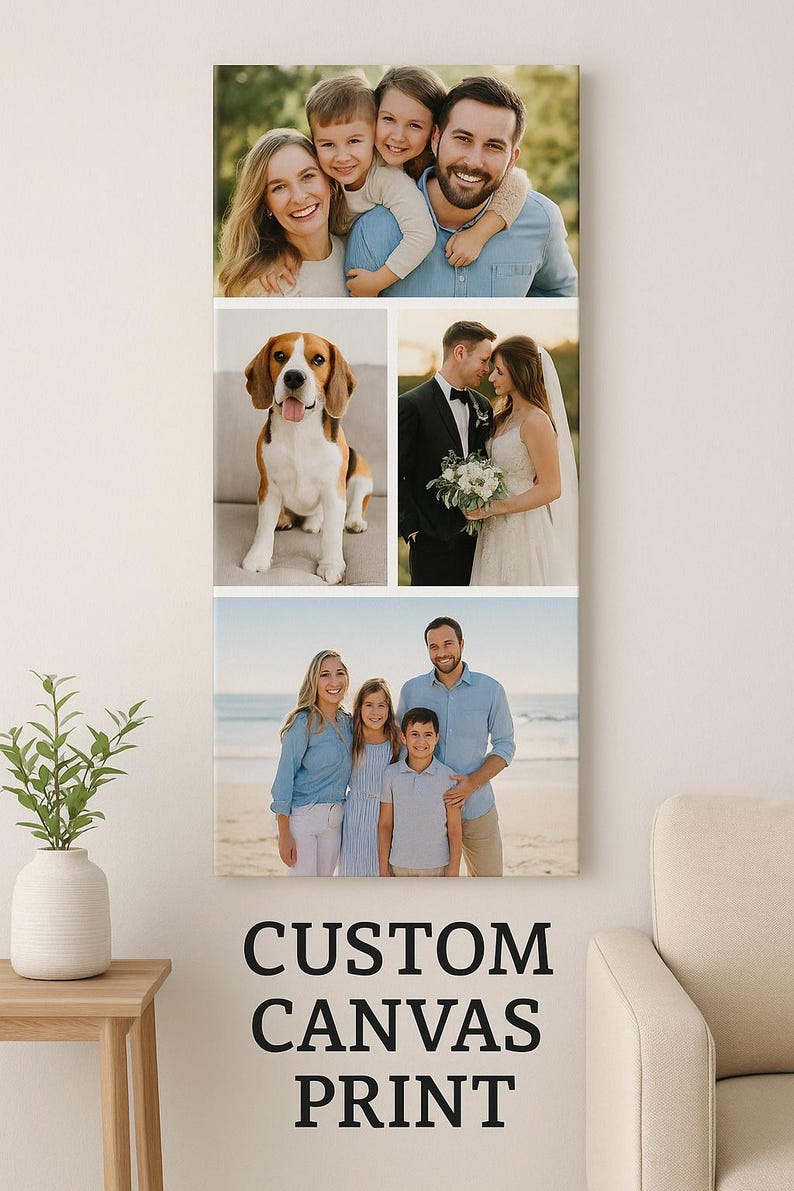 K&ouml;nnte beinhalten: Ein rechteckiger, vertikaler Leinwanddruck mit einer Fotocollage einer Familie, eines Beagle-Hundes und eines Brautpaares. Der obere Bereich zeigt eine vierk&ouml;pfige Familie, in der Mitte sind ein Beagle und ein Brautpaar zu sehen.