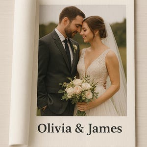 K&ouml;nnte beinhalten: Ein rechteckiger Leinwanddruck mit einem Foto eines Paares in Hochzeitskleidung, wobei der Text Olivia & James in Schwarz unter dem Bild gedruckt ist. Die Leinwand hat eine gerollte Kante auf der linken Seite und eine strukturierte, cremewei&szlig;e Oberfl&auml;che.