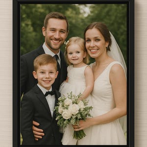 K&ouml;nnte beinhalten: Ein rechteckiger schwarzer Rahmen mit einem Foto einer vierk&ouml;pfigen Familie. Das Bild zeigt eine Person in einem dunklen Anzug, eine Person in einem wei&szlig;en Brautkleid mit Schleier, ein kleines Kind in einem wei&szlig;en Kleid und ein Kind in einem dunklen Anzug.