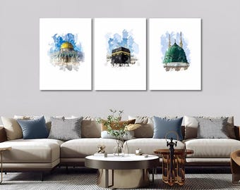 Islamic Watercolor Art Set of 3: Kaaba, Al-Aqsa, Masjid - Muslim Home Decor