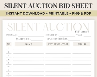 Printable Silent Auction Bid Sheet Bidding Sheet, Silent Auction Bid Form Auction Sheet, Fundraiser Event Bid Tracker, School Bid Sheet