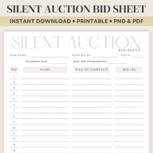 Printable Silent Auction Bid Sheet Bidding Sheet, Silent Auction Bid Form Auction Sheet, Fundraiser Event Bid Tracker, School Bid Sheet