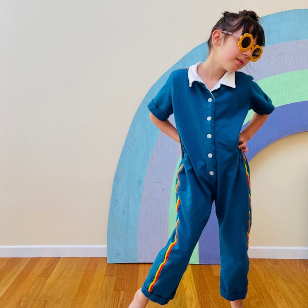 Baby Kids Utility Jumpsuit - Blue/ Rainbow - Boys Girls Retro Jumpsuit w/ Rainbow Trim