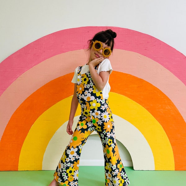 70s Groovy Retro Overalls - Toddler Kids Flower Power Bell Bottom Overalls - Two Groovy Birthday Outfit