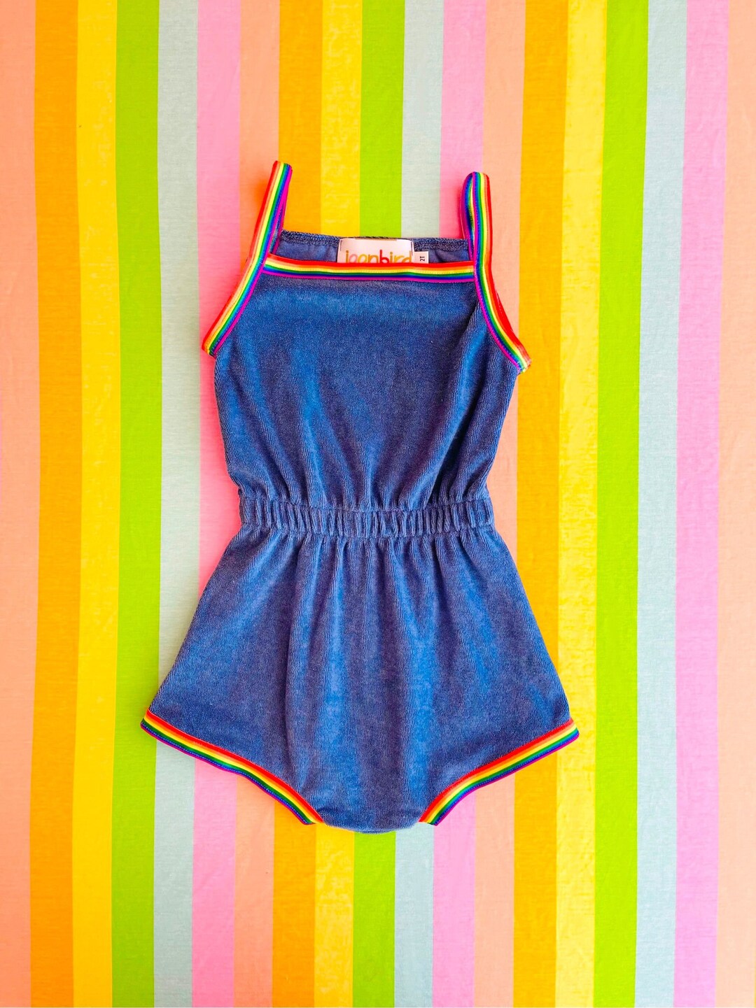 70s Retro Terry Cloth Romper With Rainbow Trim Toddler Etsy
