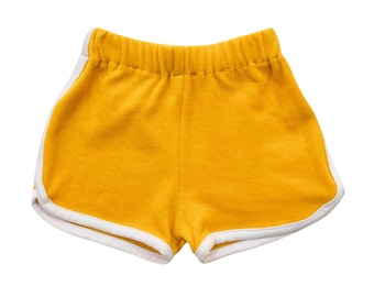 Kids 70s Jogger Shorts Mango Yellow - Toddler Retro Shorts - Boys/Girls Retro Style Jogger Shorts - Kids Retro Terry Cloth Shorts Yellow