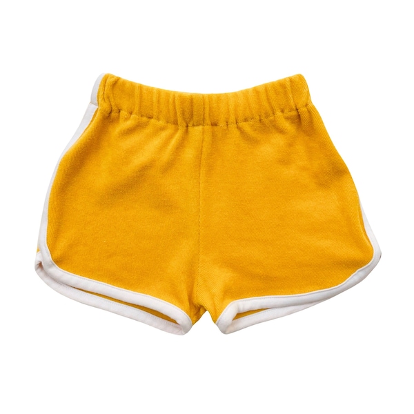 Kids 70s Jogger Shorts Mango Yellow - Toddler Retro Shorts - Boys/Girls Retro Style Jogger Shorts - Kids Retro Terry Cloth Shorts Yellow