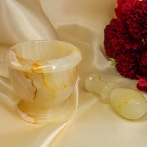 Gorgeous Creamy Mexican Onyx Mortar and Pestle | Natural Stone Set | White Banded Onyx | Functional Crystal Decor