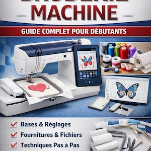 Könnte beinhalten: Ein 71-seitiger PDF-Leitfaden mit dem Titel INITIATION À LA BRODERIE MACHINE, der eine weiß-blaue Stickmaschine mit einem digitalen Bildschirm zeigt, auf dem ein Schmetterling zu sehen ist, sowie Garnrollen, einen Monitor und Nähzubehör.