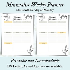 Digitaler Minimalistischer Wochenplaner | Druckbarer und herunterladbarer Minimalistischer Wochenplaner | PDF Wochenplaner | US Letter, A5, A4 Planer |