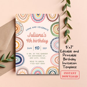 Boho Rainbow Birthday Invitation Template: Editable Printable Card (Digital)